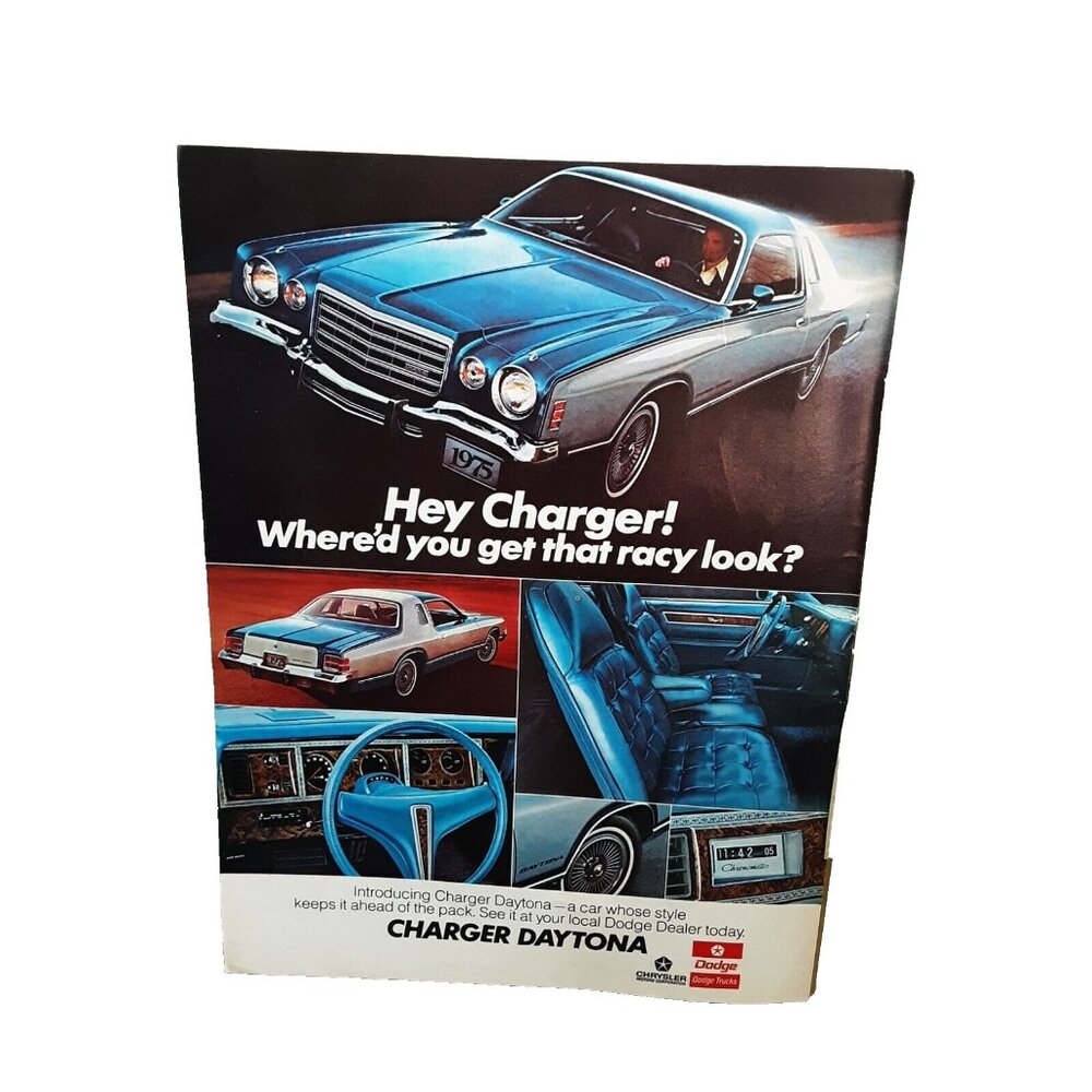 1975 Dodge Charger Daytona Car Blue Color Original Print Ad Vintage 70s